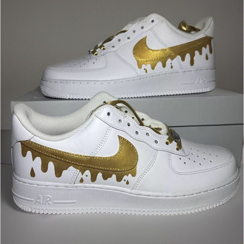 New Nike Men’s 9.5 White Air Force 1 07 Gold Paint Drip Swoosh & Laces Custom
